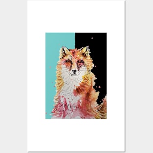 Fox Watercolor Painting on Black and Aqua Posters and Art